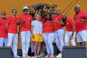 Professional wedding musicians creating lively atmosphere at North Carolina wedding